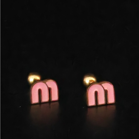 Gold and Pink Initial “ m “ Earrings - twist ball post closure - pierced - NEW - Picture 2 of 4